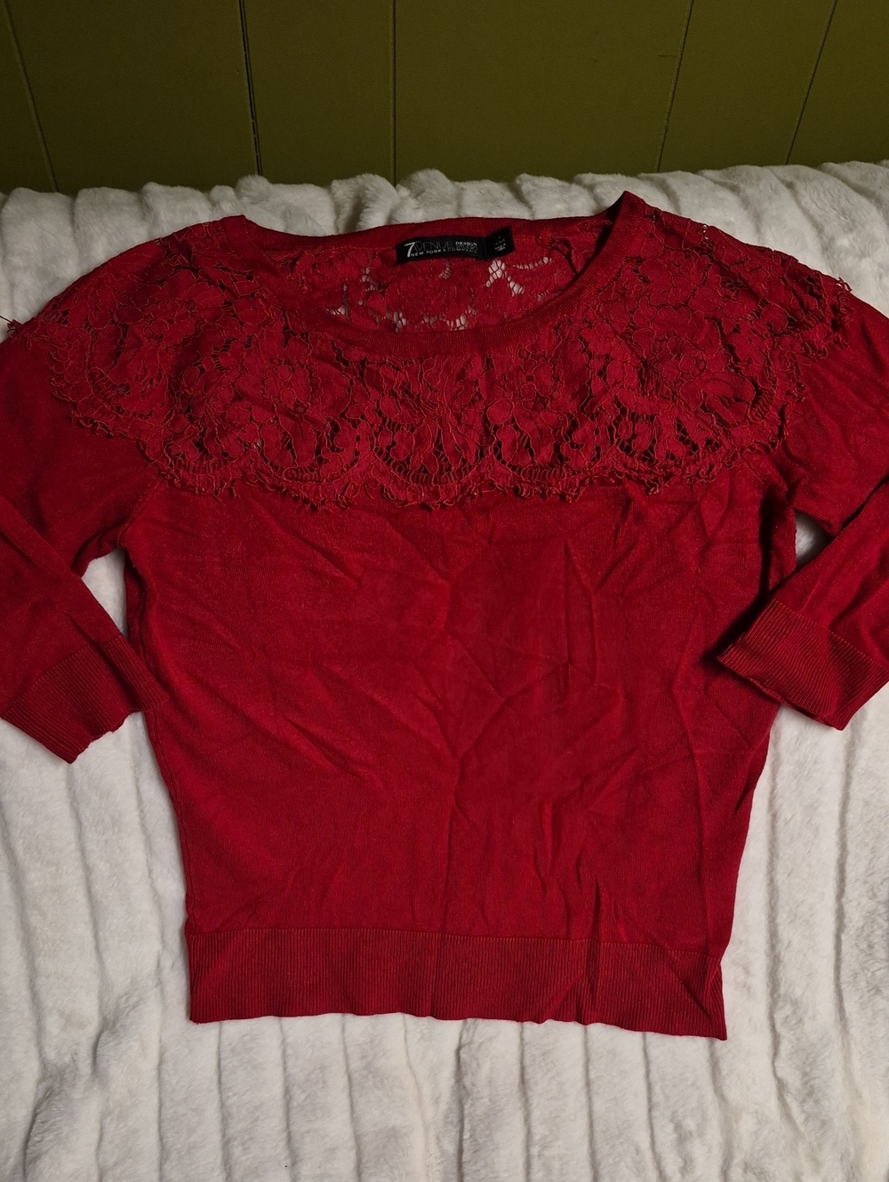 Avenue Red Lace-Yoke Scoop Neck Sweater
